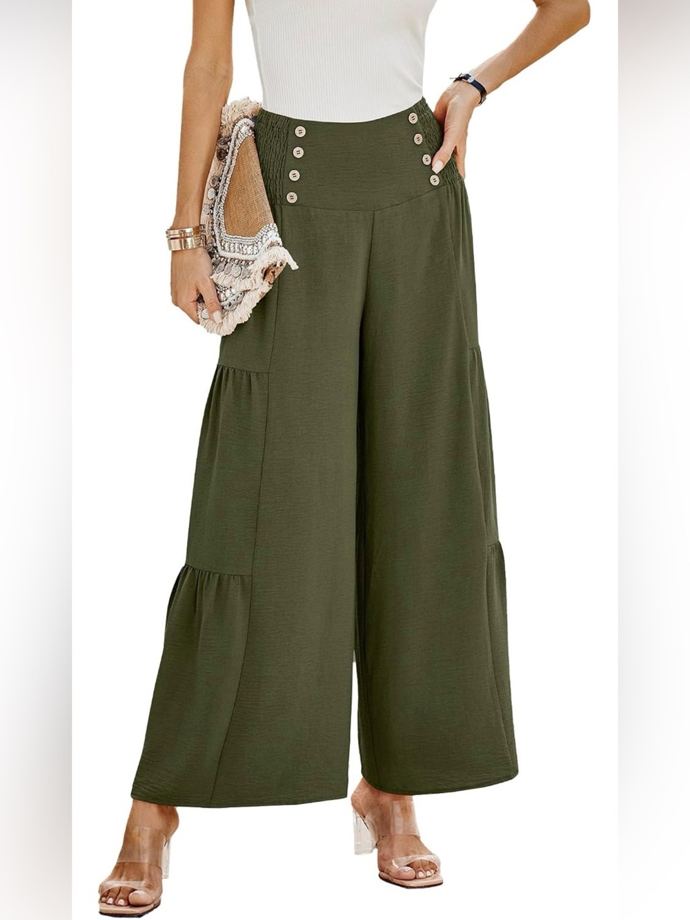 High-Waist Olive Wide-Leg Pants with Smocked Details